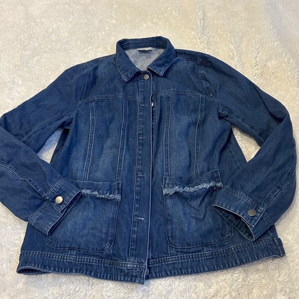 J. Jill Womens Blue Front Ruffle Jean Jacket Medium Cotton Teacher Preppy Casual